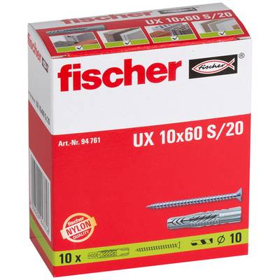 Box of Fischer UX 10x60 S/20 nylon wall anchors, showing the product name, size 10x60, article number 94761, and images of screws and anchors.