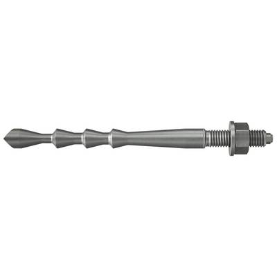 Metal bolt with a tapered, cone-shaped head on the left and threaded end with a nut and washer on the right, shown on a white background