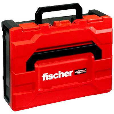 Red Fischer plastic carrying case with black handle and latch, shown closed on a white background.