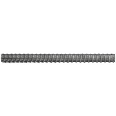 A long threaded metal rod or screw laid horizontally on a white background.