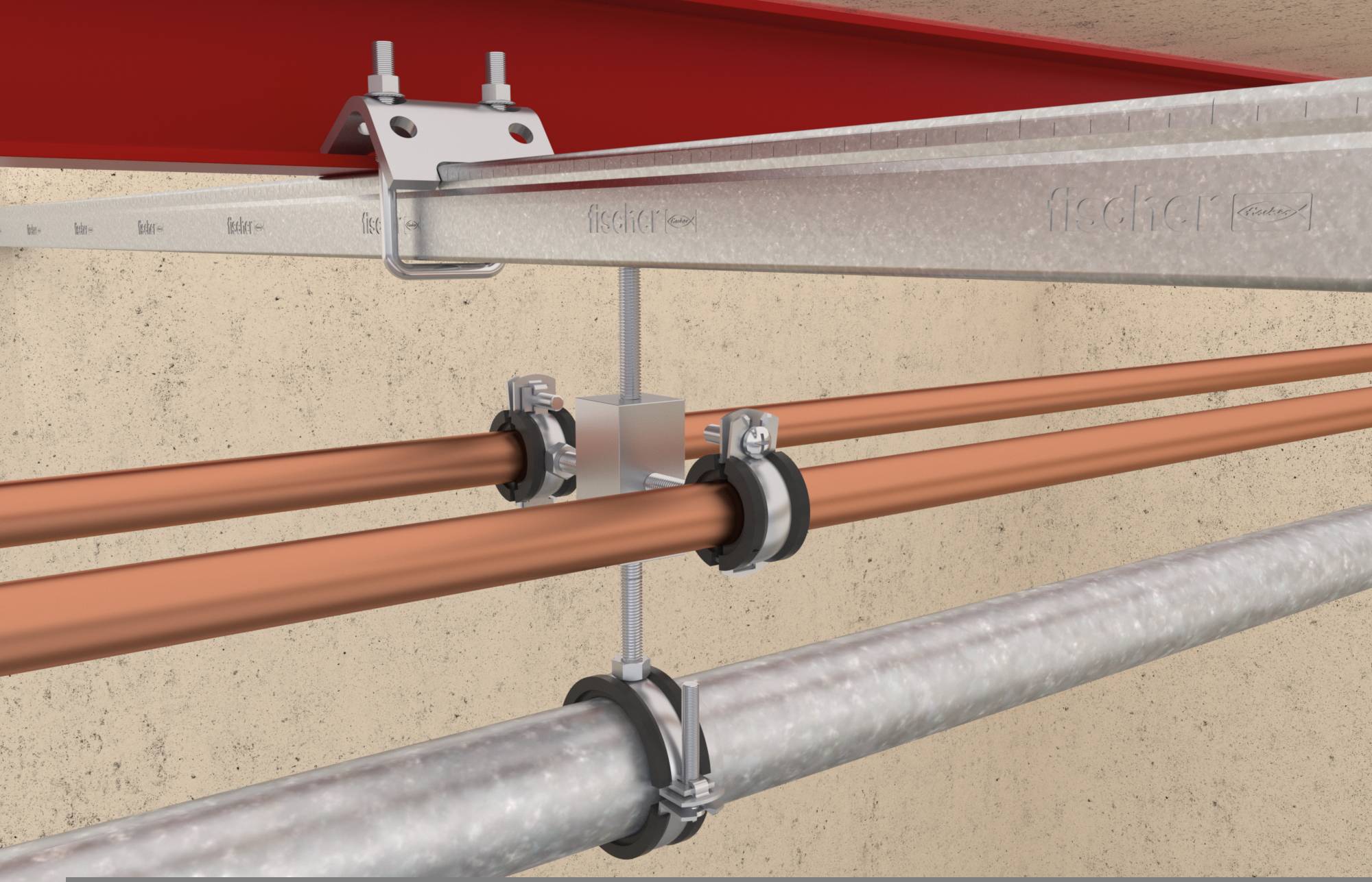 Metal cable tray suspended from the ceiling with brackets and clamps above copper and insulated pipes against a concrete wall.