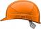 An orange safety helmet with an adjustable chin strap, indicating workplace safety.