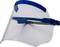 'Clear face shield with blue headband, provides protection against splashes and droplets, suitable for personal use.'
