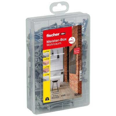 Clear plastic box of fischer Meister-Box Wohnraum wall plugs and screws, labeled Nylon Quality, 160x assortment for indoor room use.