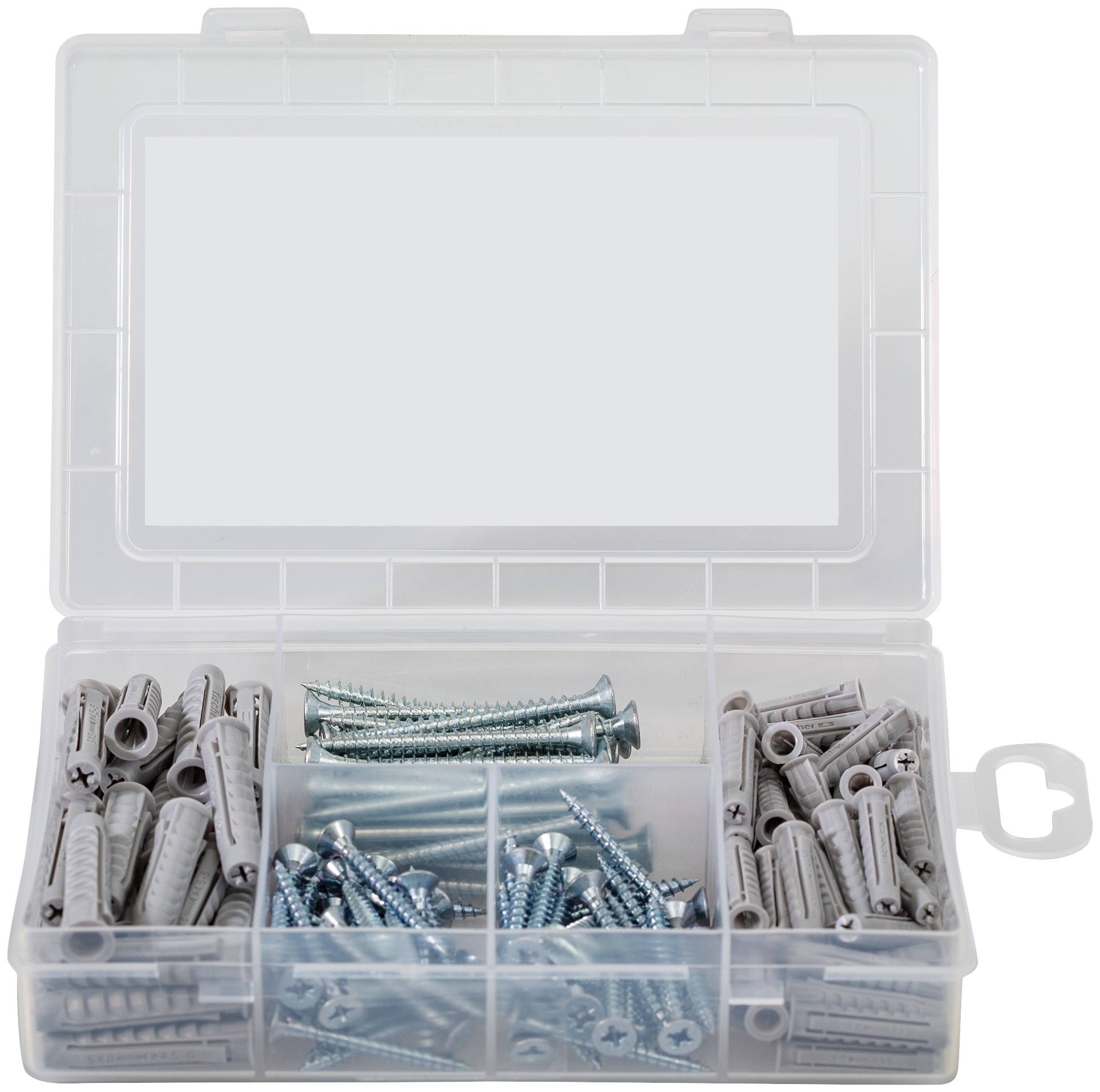 Clear plastic organizer box with compartments holding screws and wall anchors on a white background.