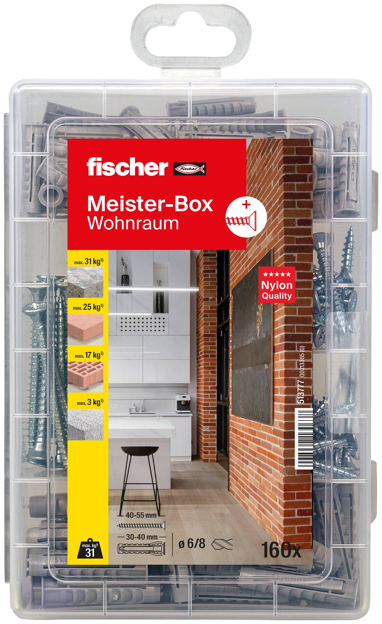 Clear plastic case of Fischer 'Meister-Box Wohnraum' wall plugs and screws, labeled 160x, with load ratings up to 31 kg.
