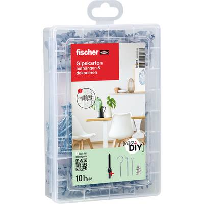 Plastic organizer case containing Fischer 'Gipskarton aufhängen & dekorieren' DIY kit, labeled with 101 parts for drywall hanging and decorating.