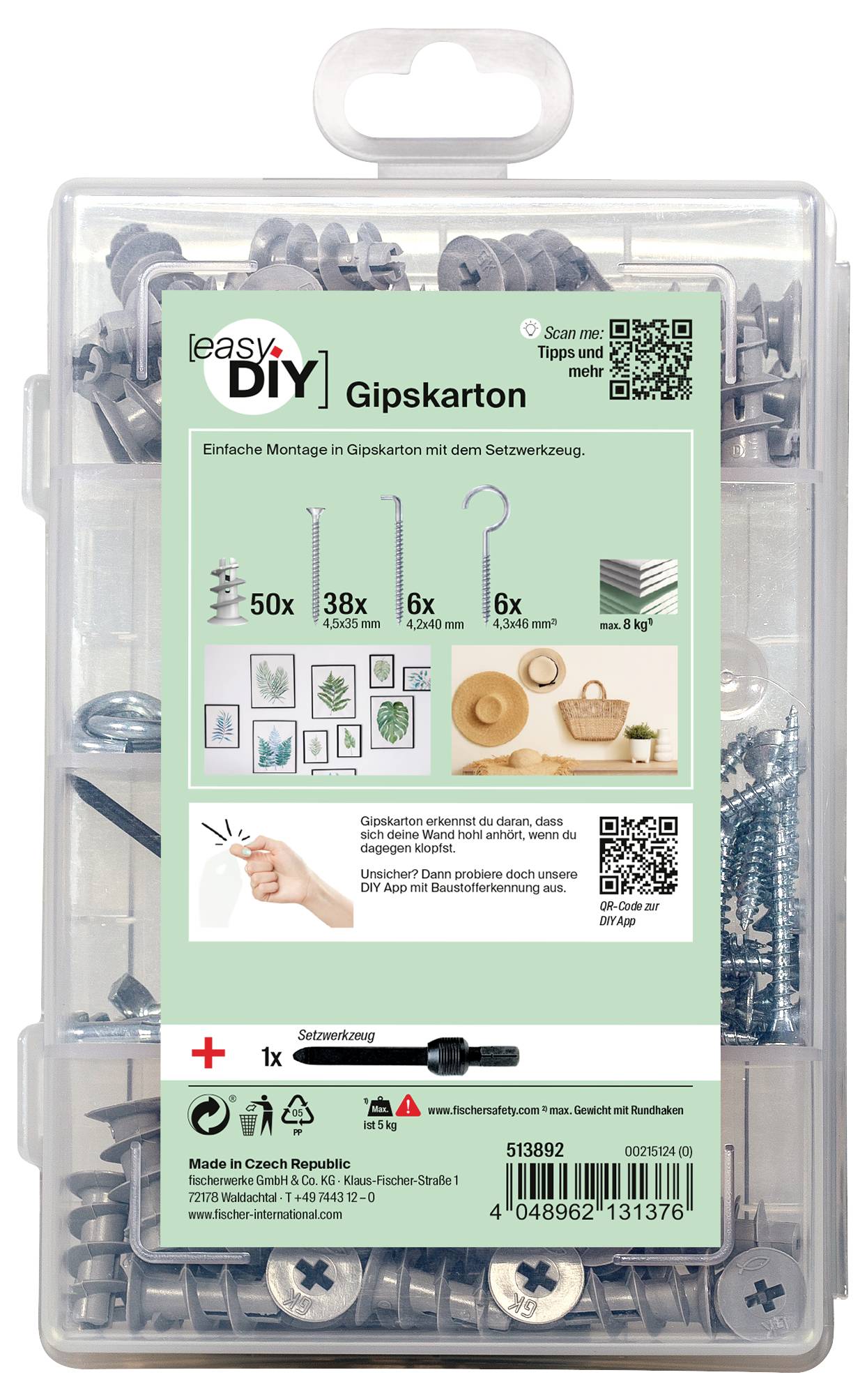 'DIY Plasterboard Kit': Contains 50 screws, 38 wall plugs, hooks and picture frames. Easy installation guide for plasterboard.