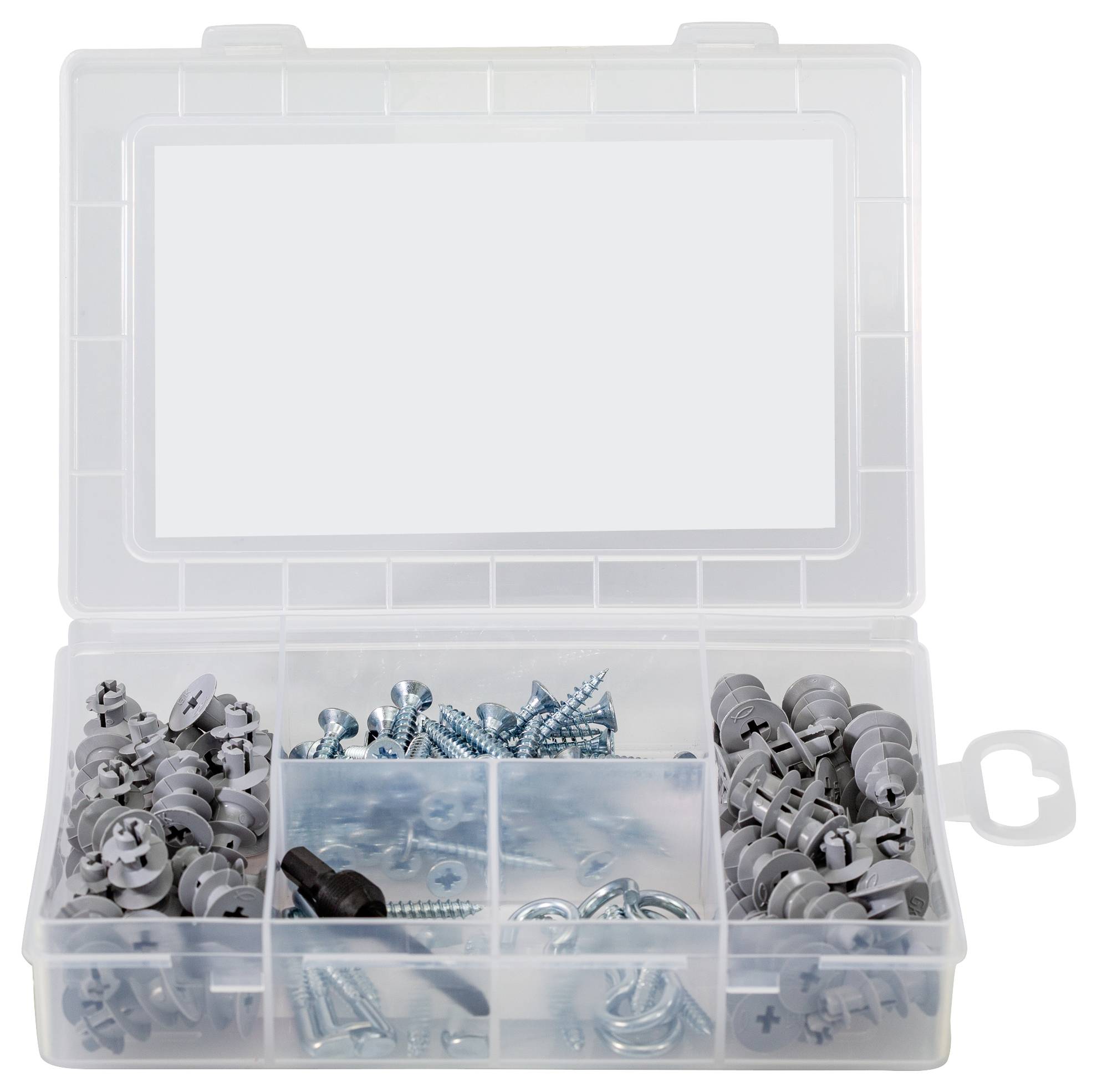 Clear storage box with compartments, filled with various screws and wall plugs, for storing and easily organising small parts.