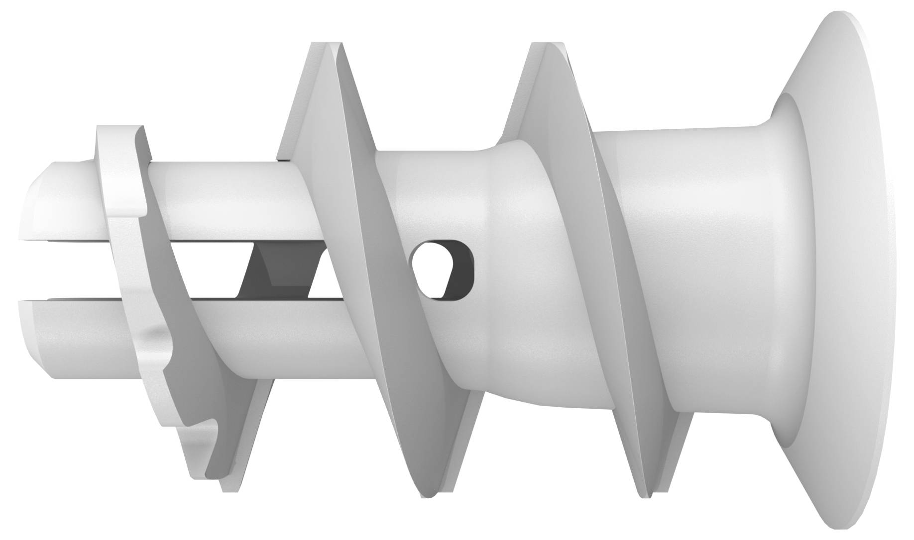 A white nylon plastic wall plug for plasterboard with a spiral thread and an opening for screw fixing.