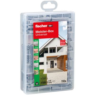 Clear plastic case of Fischer Meister-Box Universal wall plugs and screws, labeled 'Nylon Quality' and '110x'.<br>