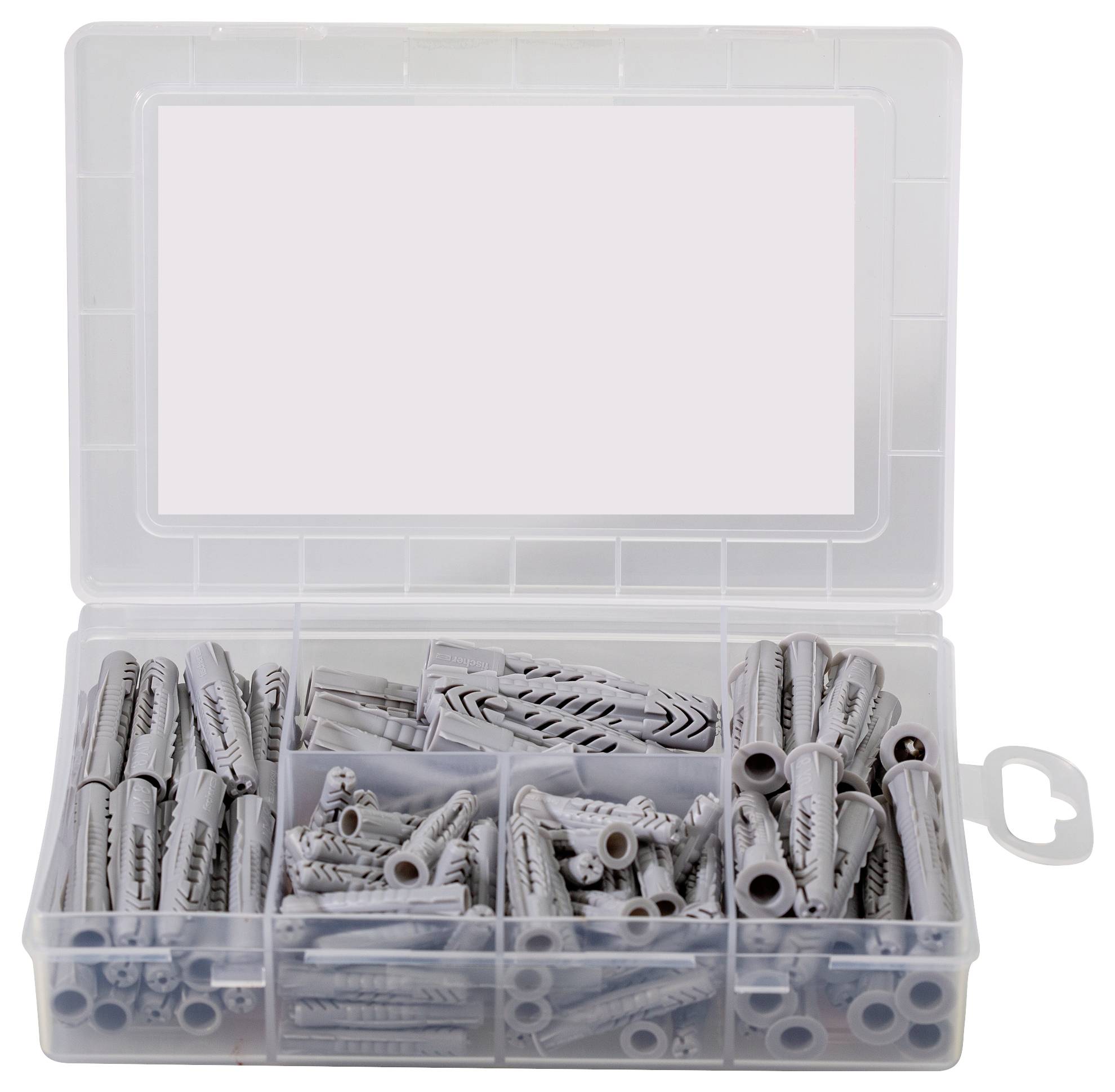 An opened plastic box containing various wall plugs in different sizes and shapes, for use in construction or DIY projects.