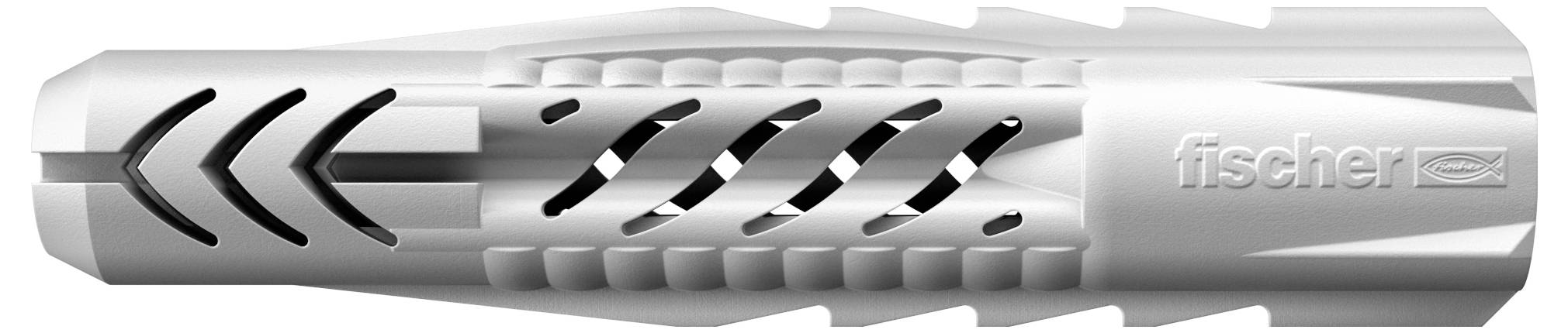 Plastic wall plug for screws, side view, suitable for fixing into masonry or concrete; showing textured surface and brand logo.