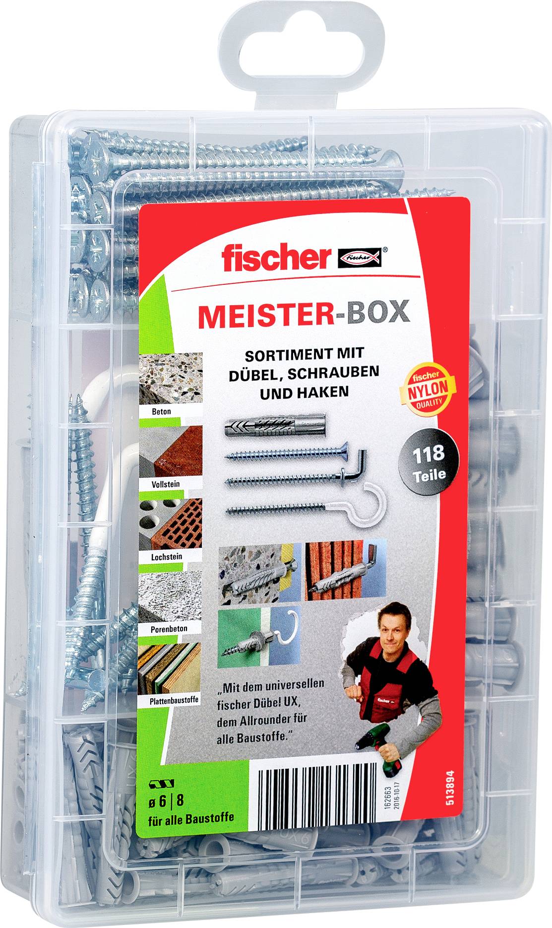 Plastic organizer box labeled 'fischer MEISTER-BOX' containing assorted screws, wall plugs and hooks; 118 pieces for masonry and building materials.