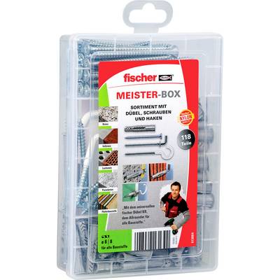 Plastic organizer box labeled 'fischer MEISTER-BOX' containing assorted screws, wall plugs and hooks; 118 pieces for masonry and building materials.