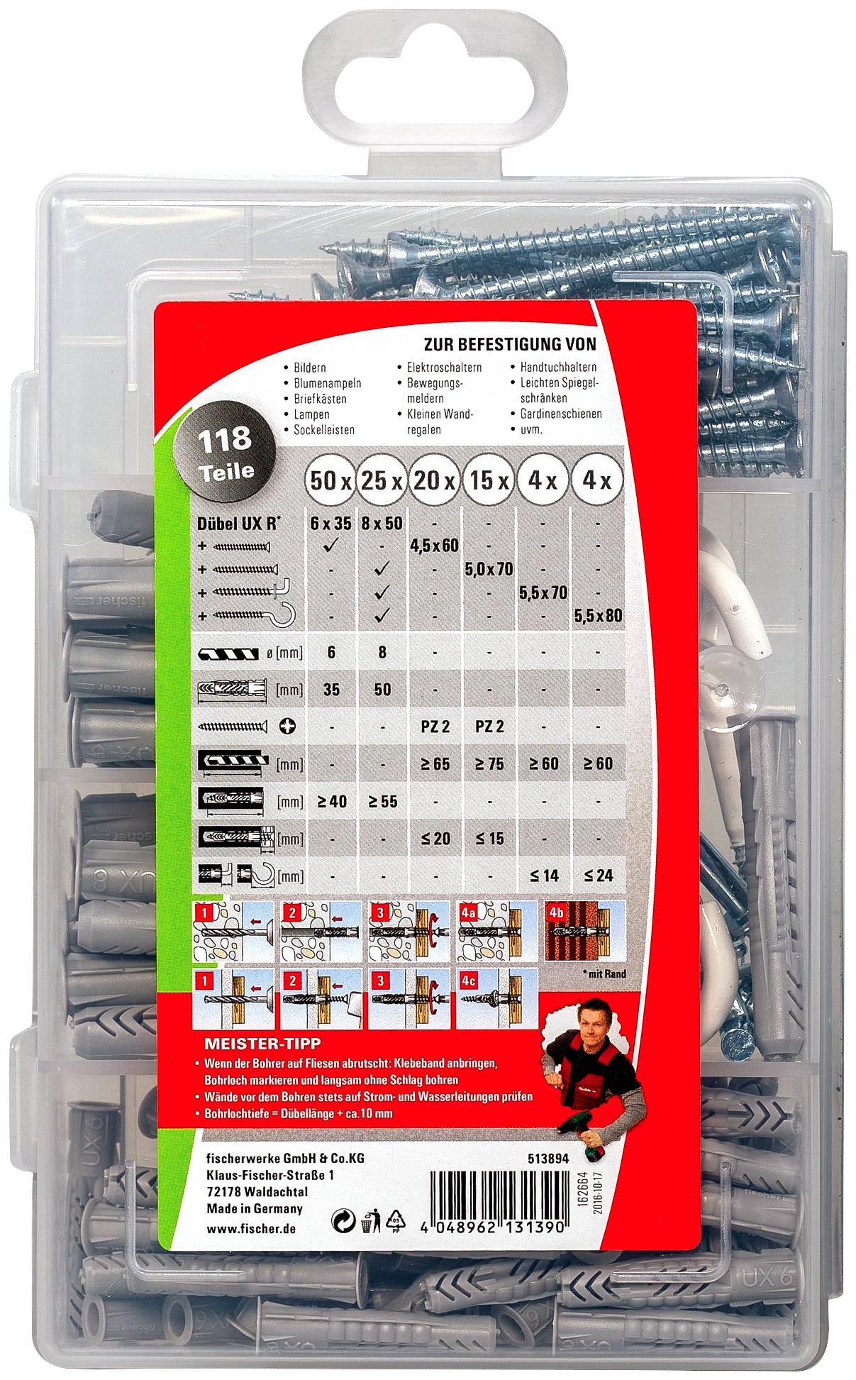 Plastic case of Fischer DUOPOWER wall plugs and screws, labeled with sizes and a usage chart, showing 118 parts in a hardware assortment kit.