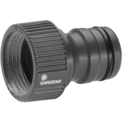 Black Gardena hose connector with thread and sealing ring, suitable for garden equipment and water hoses.