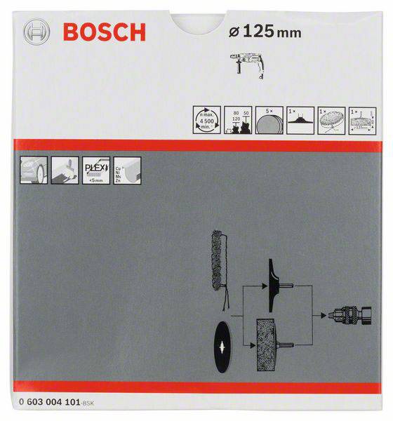 'Bosch' cutting disc for angle grinder, 125 mm diameter, suitable for various materials. Packaging instructions show assembly.