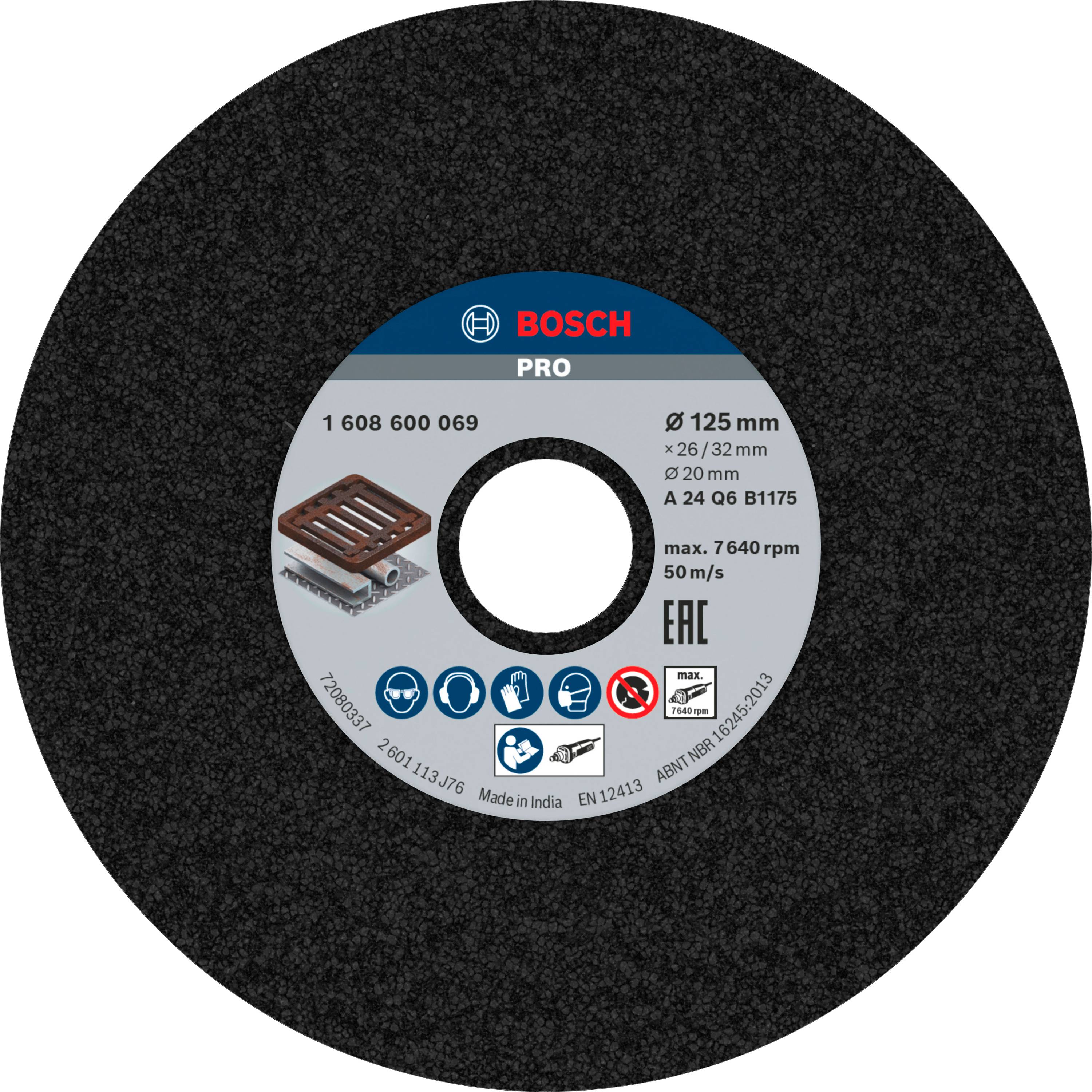 Bosch cutting disc, 125 mm diameter, maximum speed 7,640 rpm, suitable for metalworking.
