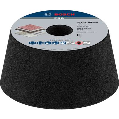 Bosch grinding attachment, suitable for stone, concrete and masonry. Diameter 110/90 mm, grit C 36. Black, conical shape.