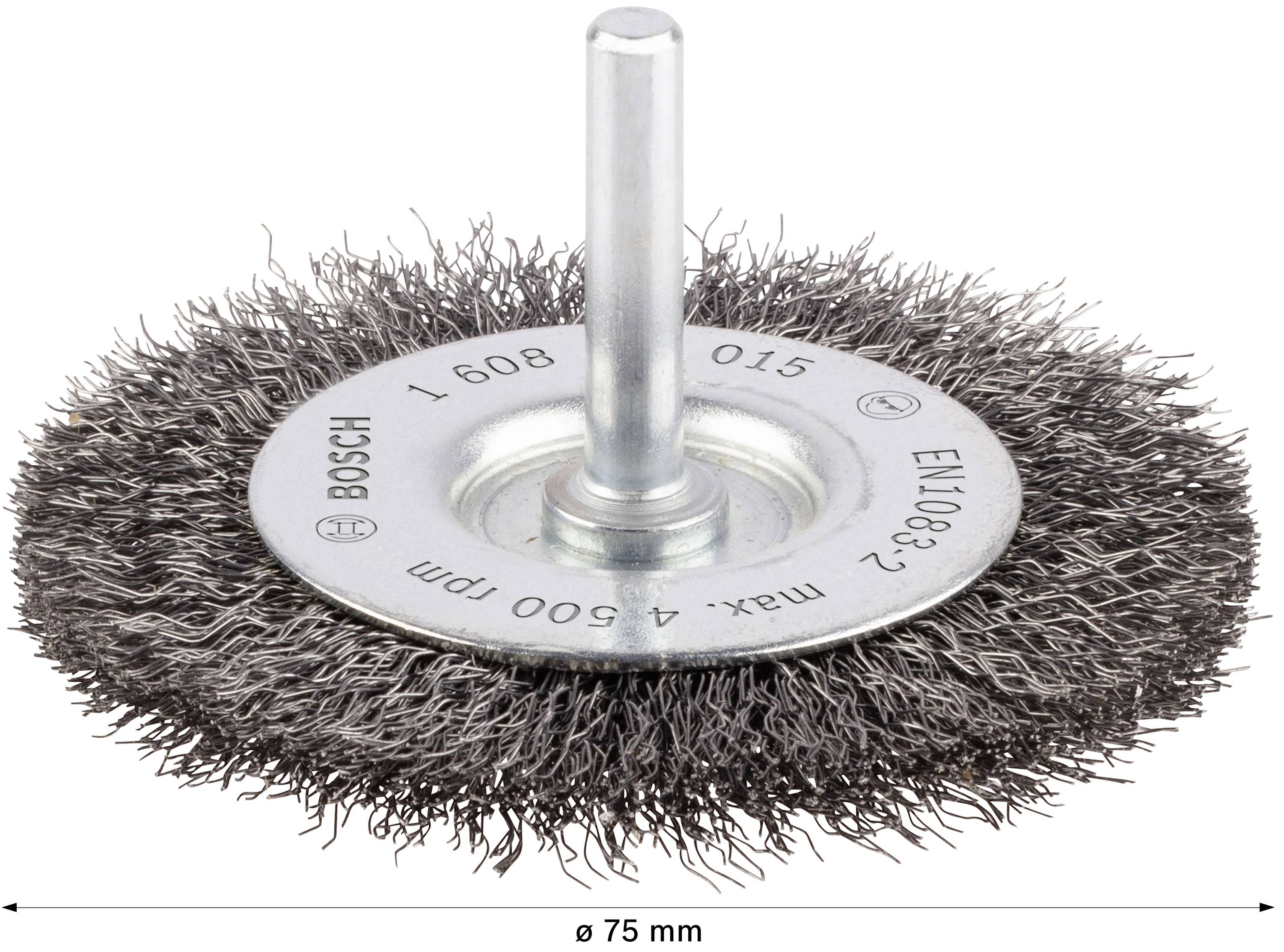 A round wire brush with metal shaft, suitable for a drill, diameter 75 mm. Ideal for cleaning surfaces.