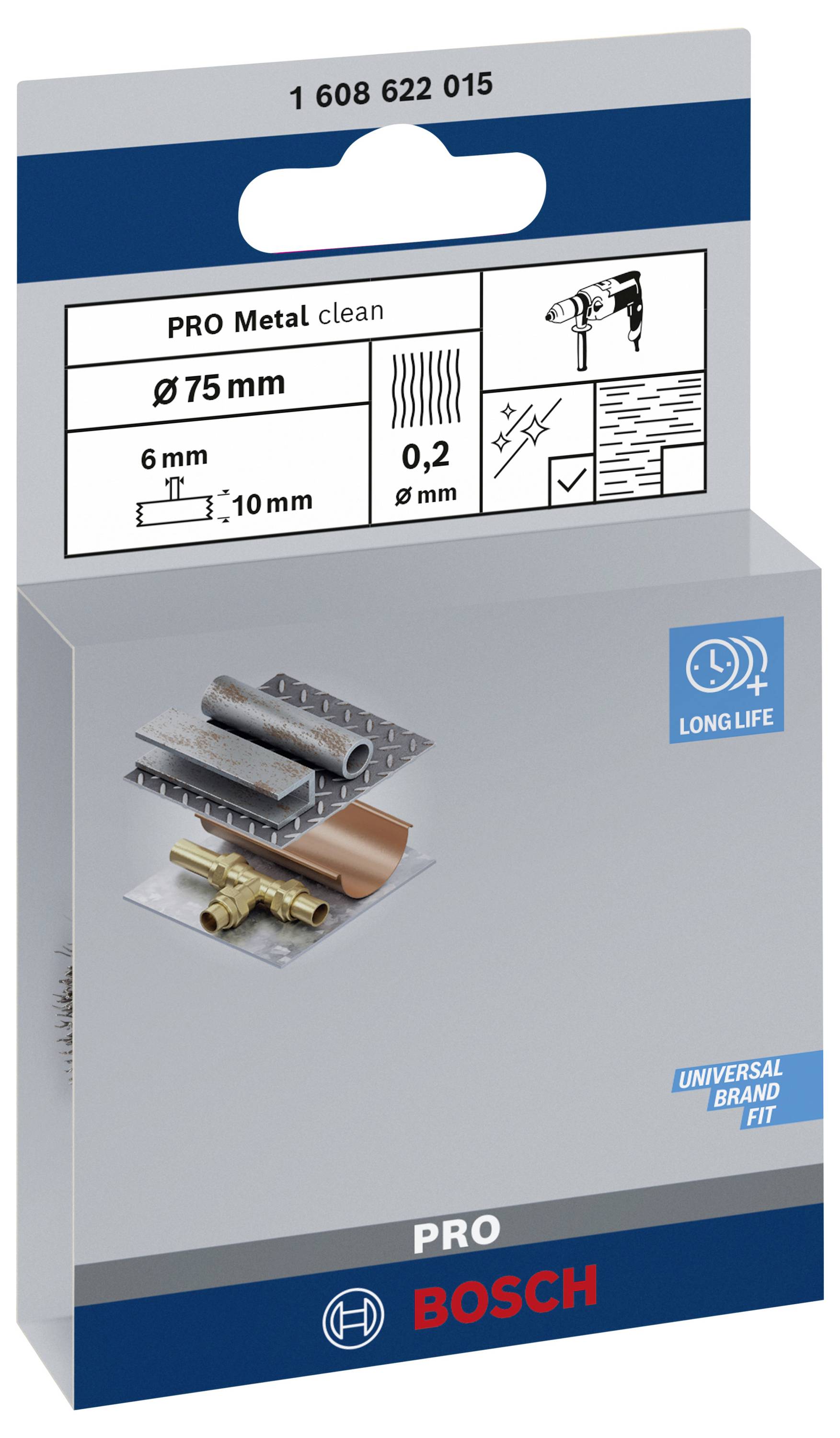 Packaging of a Bosch metal saw blade. Shows details such as diameter 75 mm, thickness 0.2 mm and applications for metal.
