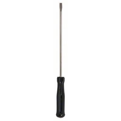 Screwdriver with a flat metal head and black handle, depicted vertically.