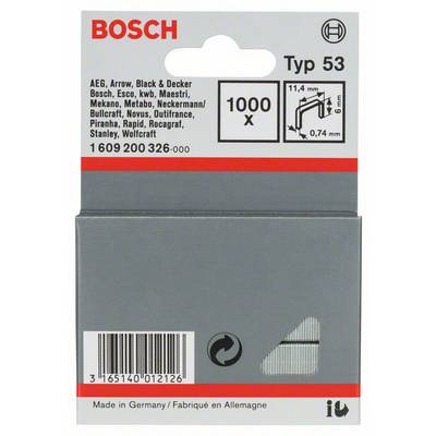 'Bosch Type 53, 1000 Staples, 11.4 x 6 mm, compatible with various brands such as Black & Decker, Stanley. Manufactured in Germany.'