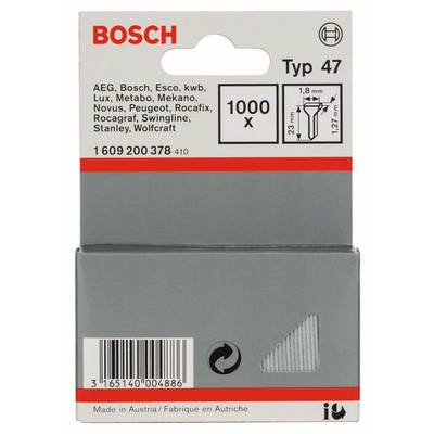 Packaging of Bosch Type 47 Staples. Compatible with brands such as AEG, Metabo, etc. Dimensions 23 mm x 1.8 mm, pack of 1000.