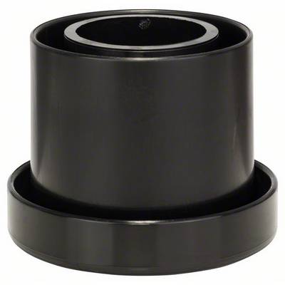 A black, cylindrical pot with a circular rim is sitting on a smooth surface.