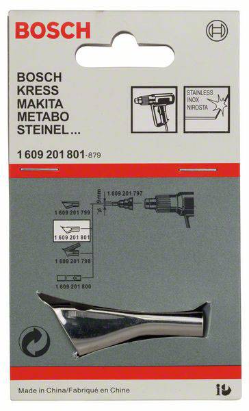 'Packaging for stainless steel nozzle attachment, compatible with brands such as Bosch, Kress, Makita. Image of a hairdryer and corresponding numbers.'