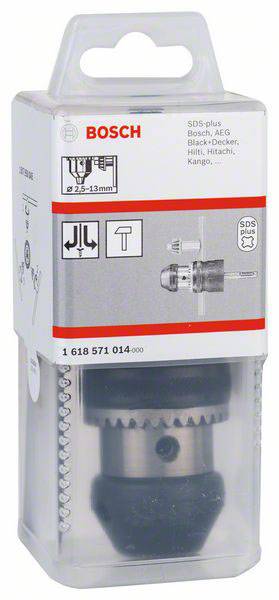 Packaging of a Bosch drill chuck for SDS-plus with metal shaft. The logo, compatibility details, and size specifications are visible.