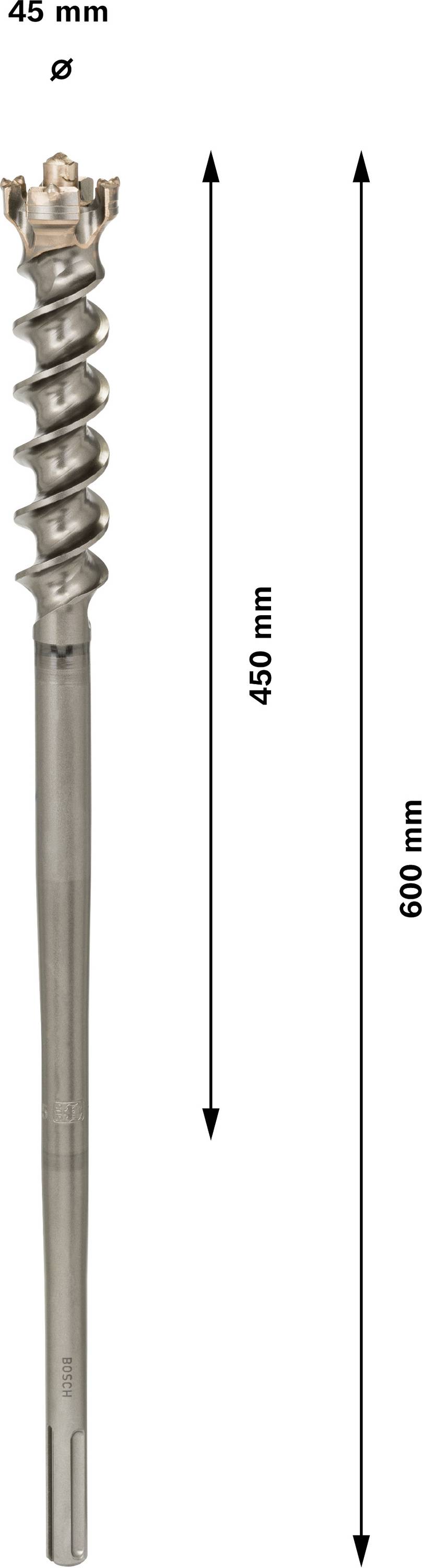 A drill with a diameter of 45 mm and a length of 600 mm contains a spiral section of 465 mm.