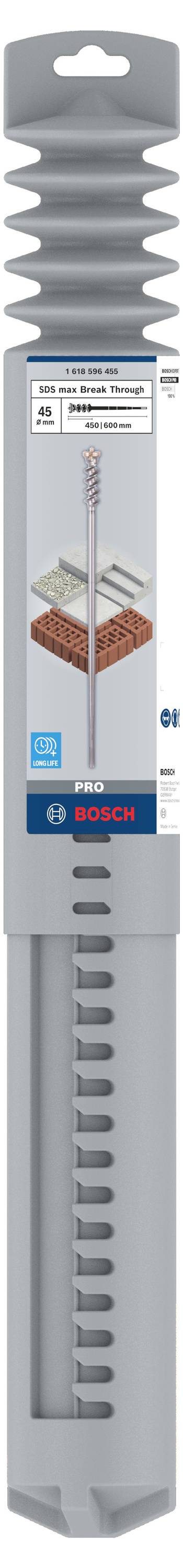 A gray packaging with a concrete drill bit featuring SDS max chuck, shown in an illustration while drilling into concrete.