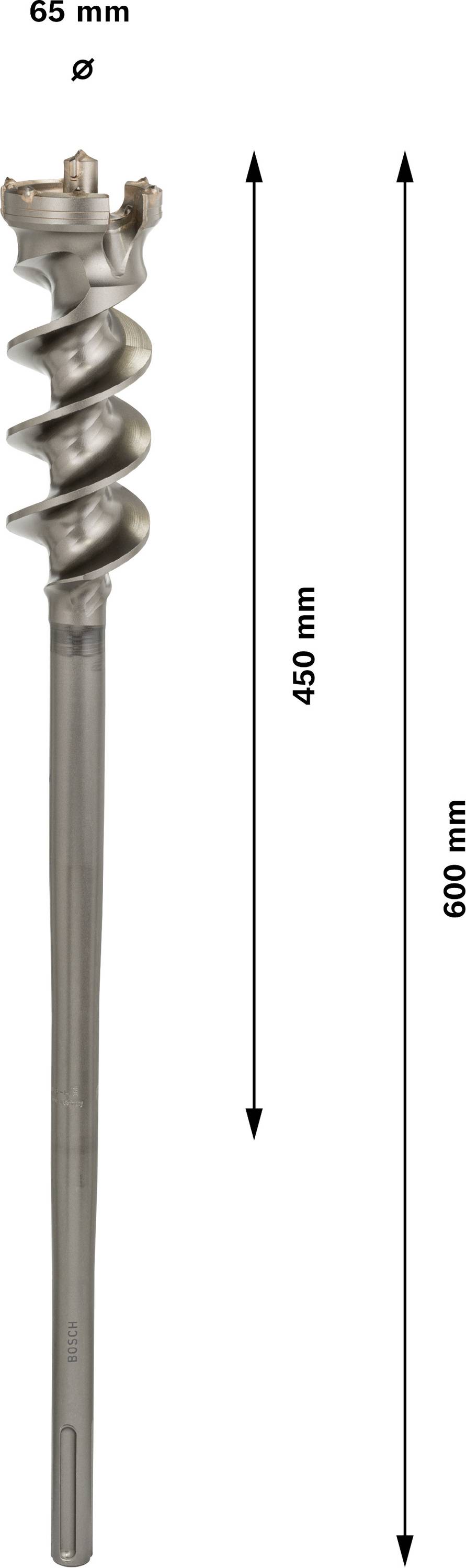A drill bit with a total length of 600 mm and a diameter of 65 mm. The working length is 465 mm.