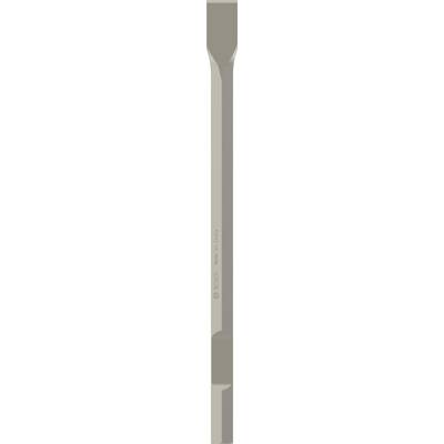 A flat chisel made of grey metal, tapering to a sharp blade, used for breaking and cutting hard materials.