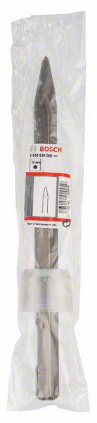 A Bosch pointed chisel is shown in a clear plastic packaging. The label displays product information and a symbol.