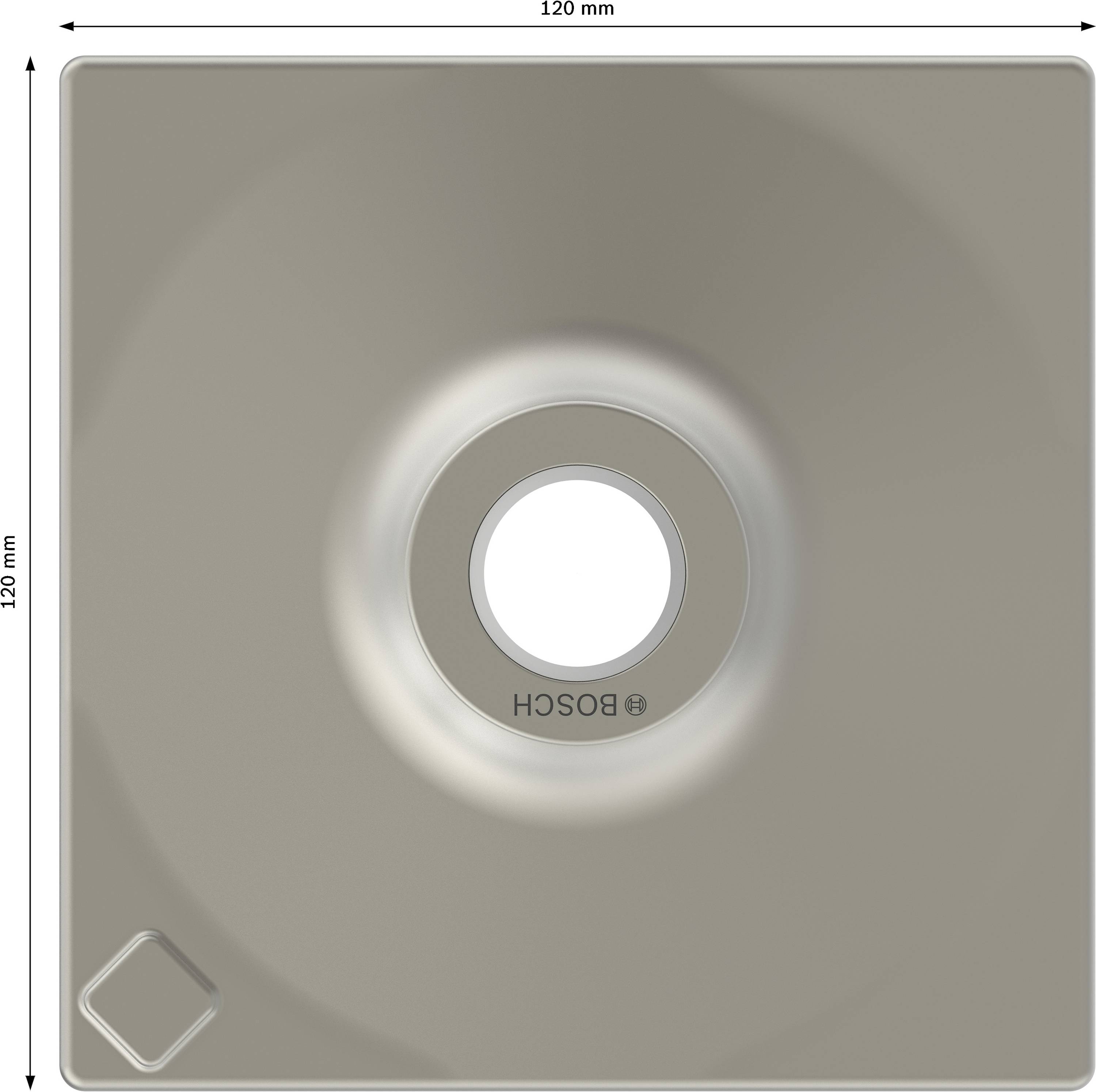 Square Bosch metal cover, 120 mm x 120 mm, with central, round opening.