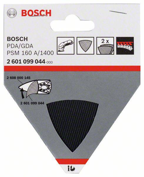 The packaging shows a Bosch sandpaper (2 601 099 044-000) for PDA/GDA PSM 160 A/1400. Contains 2 pieces with grit for wood and paint.