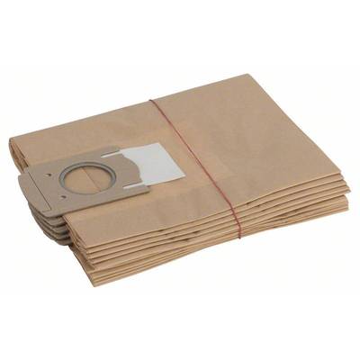 Stack of brown vacuum cleaner bags secured with a round opening and red rubber band.