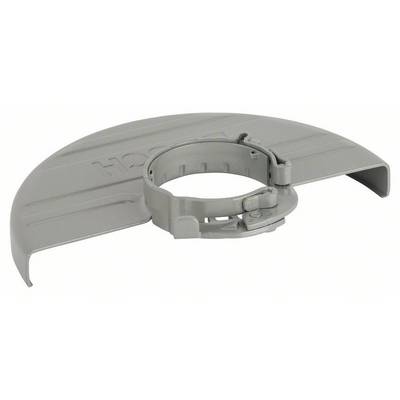 Grey plastic protective cover with mounting clip, used for safety and protection on machinery.