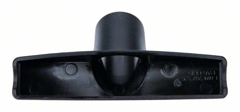 'Round black plastic part with a central cylinder and two lateral openings.'