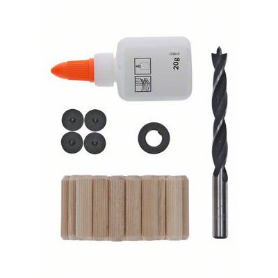 Wood repair kit with wood glue, dowels, rubber supports and drill, arranged from top to bottom. Ideal for small woodworking repairs.