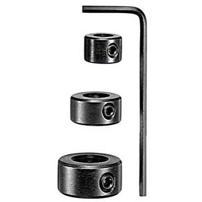 Three black metal clamps of different sizes positioned next to an Allen key, shown against a white background.