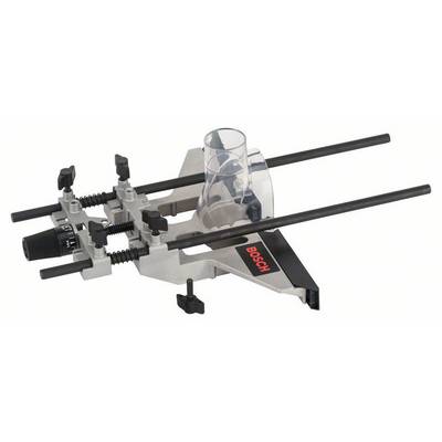 Accessories for Bosch Routers: Parallel guide for precise routing with fine adjustment, collets, and side dust extraction.