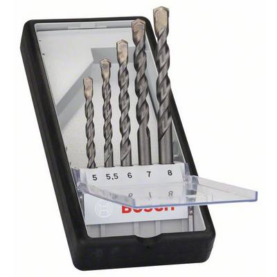 'Set of five Bosch drill bits in various sizes, in a black plastic case, open to display the sizes.'