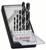 A set of five black drill bits in various sizes from 4 to 10 mm, arranged in an open, angled case.