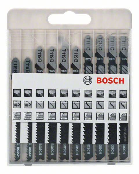 'Bosch Jigsaw Blade Set' in a transparent case, 10 blades, with labels indicating different cutting types visible.