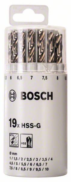 Bosch Accessories 2607018361 HSS Metal twist drill bit set 19-piece 1 mm, 1.5 mm, 2 mm, 2.5 mm, 3 mm, 3.5 mm, 4 mm, 4.5 mm, 5 mm, 5.5 mm, 6 mm, 6.5 mm, 7 mm, 7.5 mm, 8 mm, 8.5 mm, 9 mm, 9.5 mm, 10 mm cut DIN 338 Cylinder shank 1 Set