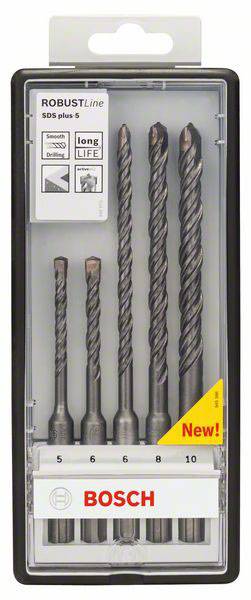 Set of five SDS plus-5 hammer drill bits, sizes 5, 6, 6, 8, 10 mm, packed in a clear box. Brand name Bosch.